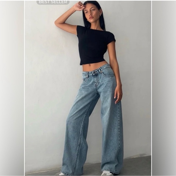 Motel Rocks Denim - Motel Denim Roomy Extra Wide Low Rise Jeans In Vintage Blue Wash Size 32x34